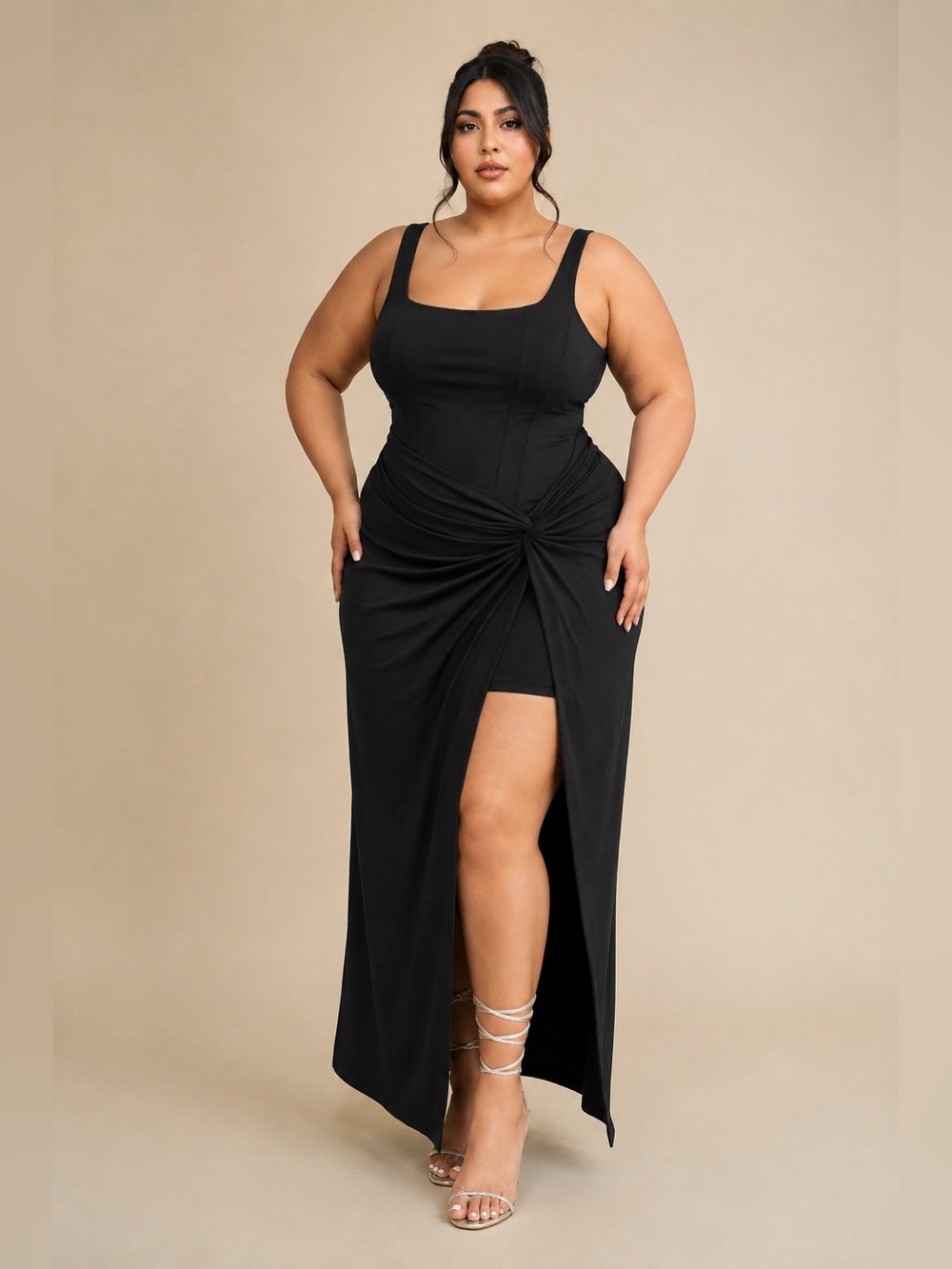 Curve Black Ruched Maxi Dress with Thigh Slit Square Neck Size 4XL BNWT